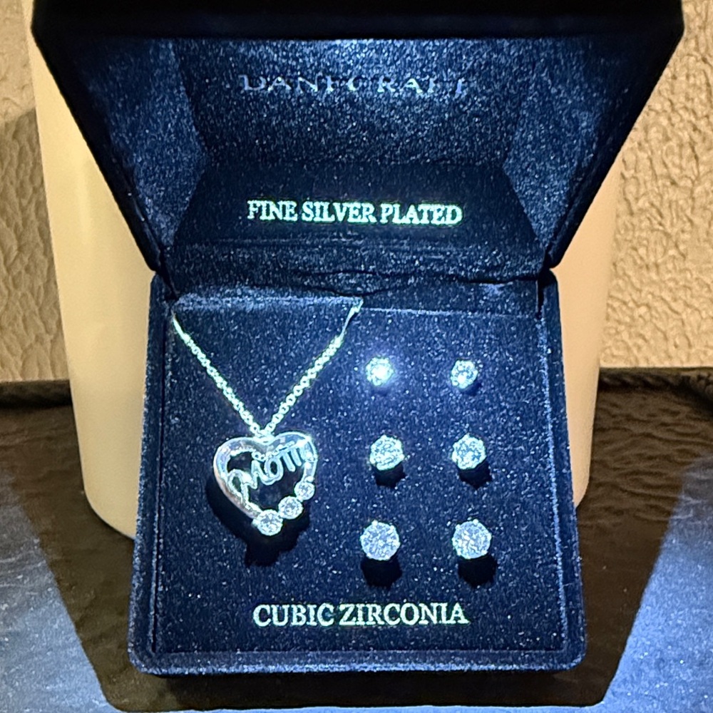 Silver Plated 'Mom' Heart Necklace with Earrings